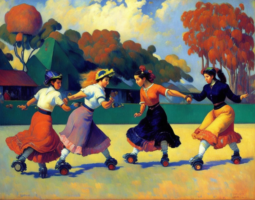 Four women roller skating in colorful skirts outdoors on a sunny day
