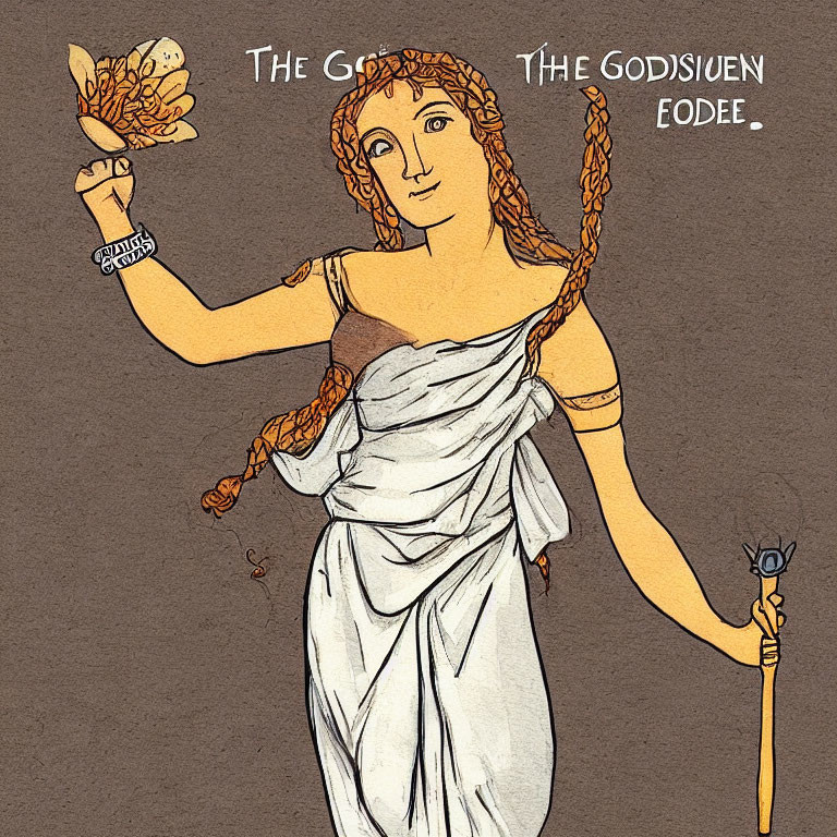 Classical Greek-inspired woman illustration with wheat, staff, and mirrored text overlays
