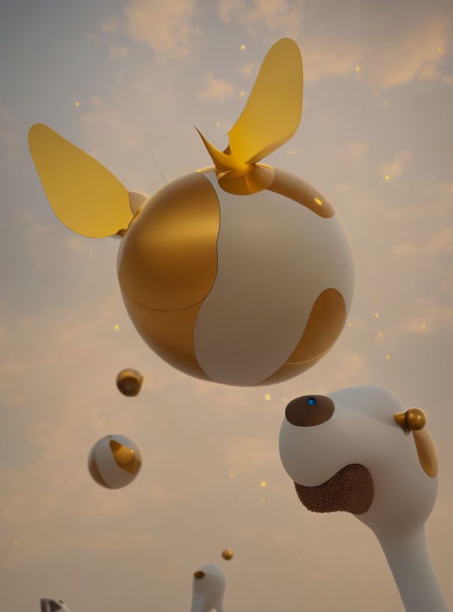 Golden spherical objects with butterfly-like wings in dusky sky scene