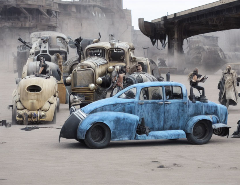 Customized vintage vehicles in post-apocalyptic setting with people, dusty landscape