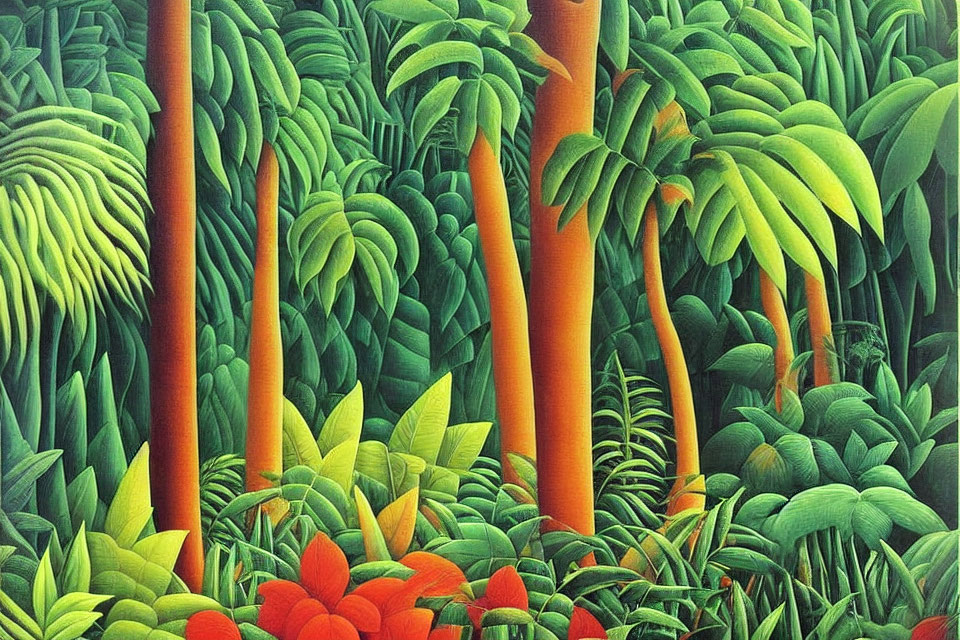 Colorful painting of lush tropical forest with vibrant orange tree trunks.