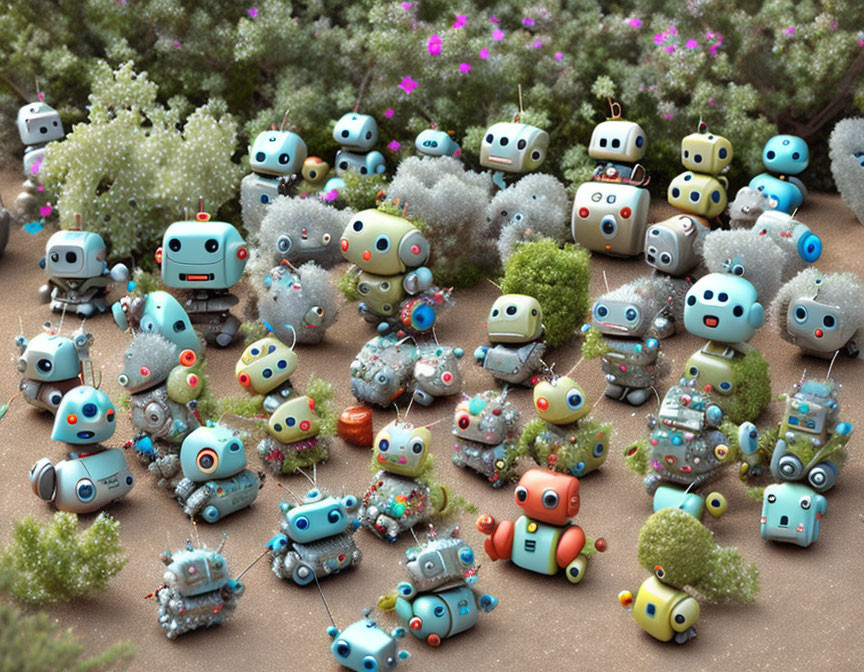 Colorful Toy Robots Among Green and Silver Shrubs with Pink Flowers