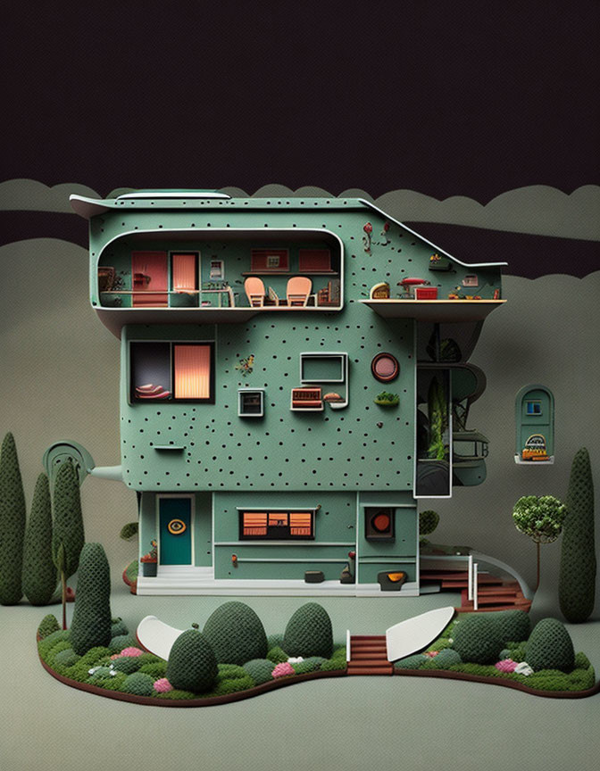Whimsical multi-story house illustration with detailed interiors and stylized greenery