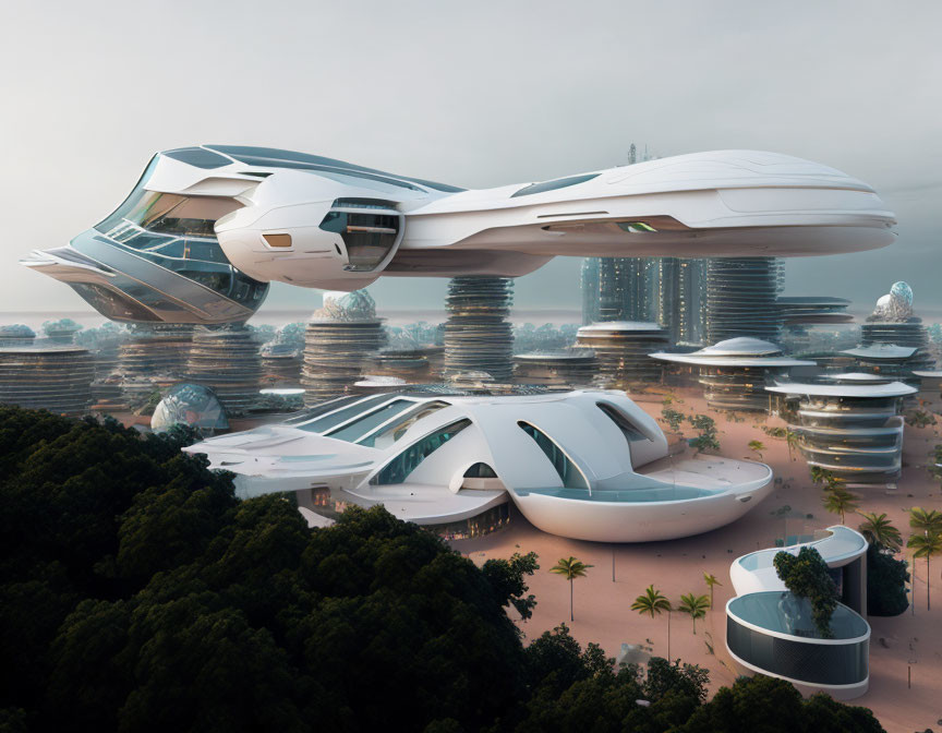 Futuristic Cityscape with Elevated Buildings and Flying Vehicle