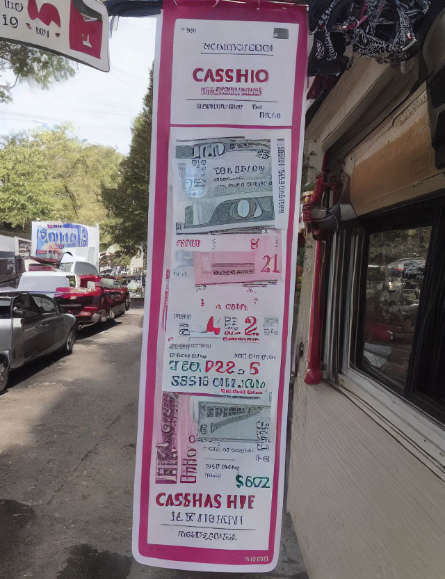 Vertical Stack of Oversized Currency Notes Adorn Shopfront