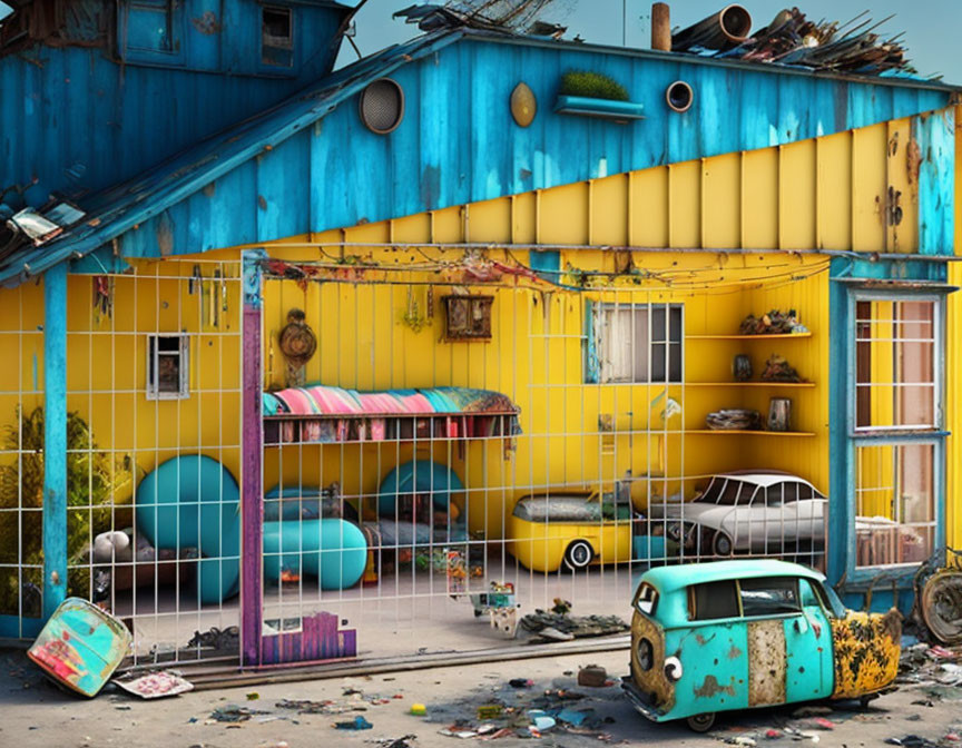 Vibrant surreal artwork featuring house, garage, cars, and furniture in yellow cage