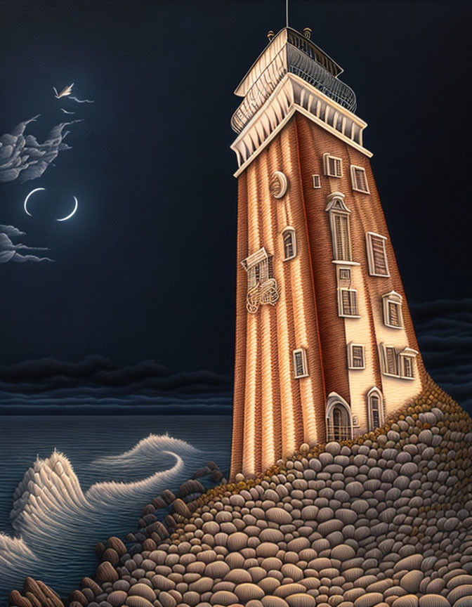 Illustration of tall lighthouse on rocky shore at night with animal-shaped waves and clouds under crescent