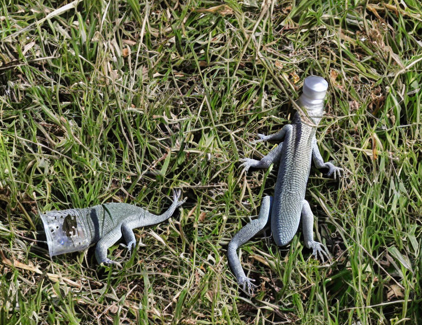 Toy lizards with plastic bottle caps on grass surface