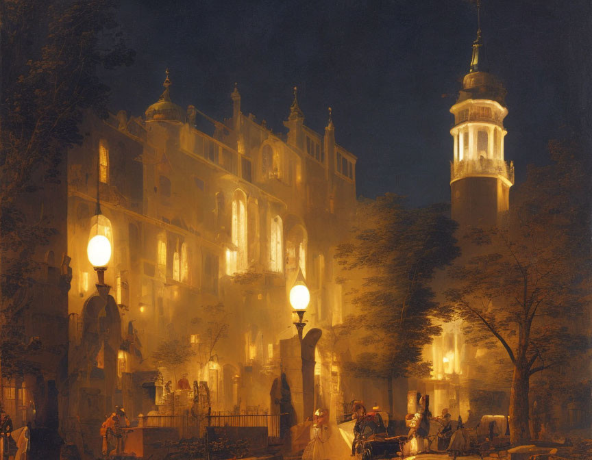 Historic building and lantern-lit street scene with period attire and horse-drawn carriages