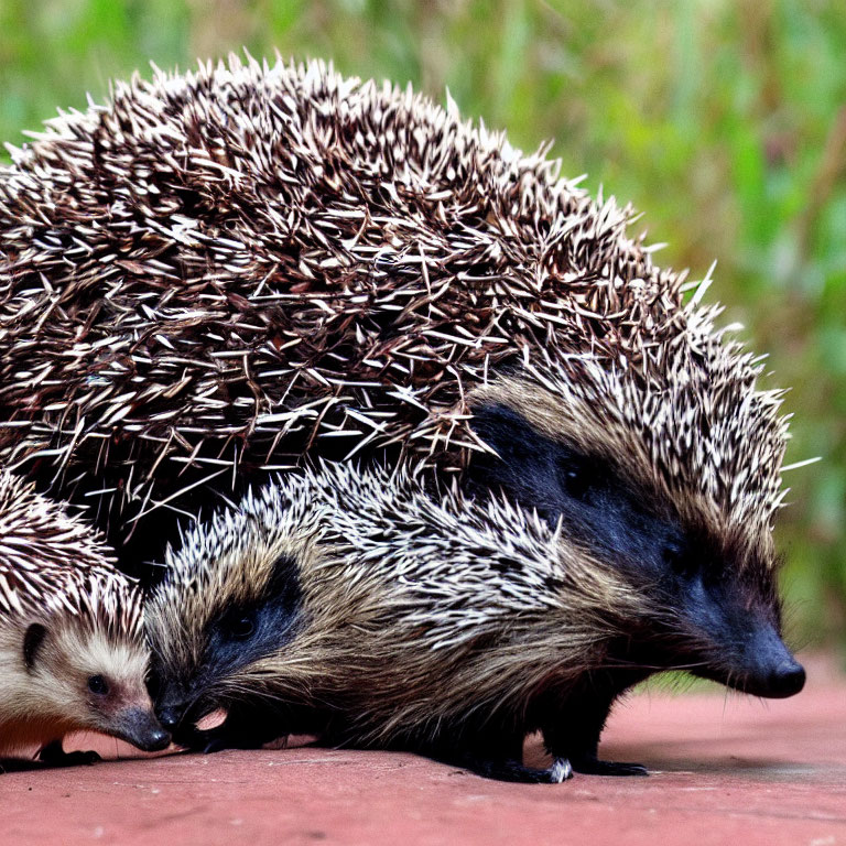 Two hedgehogs with sharp spines walking on red surface with blurred green background