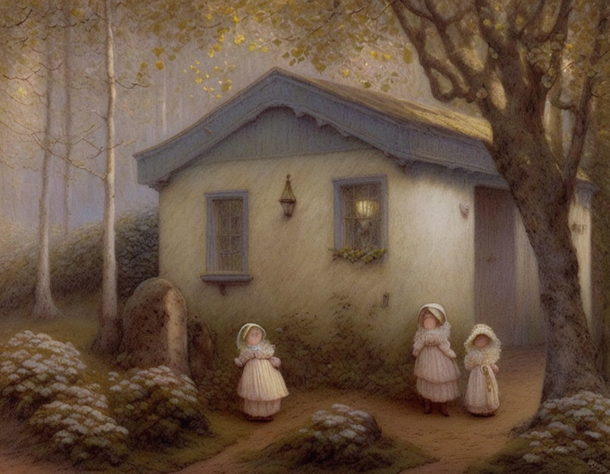 Three children playing outside quaint cottage in old-fashioned clothing