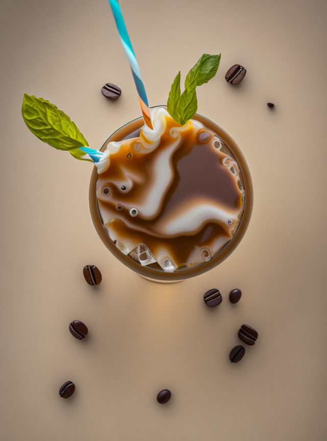 top-down view of an iced lattè