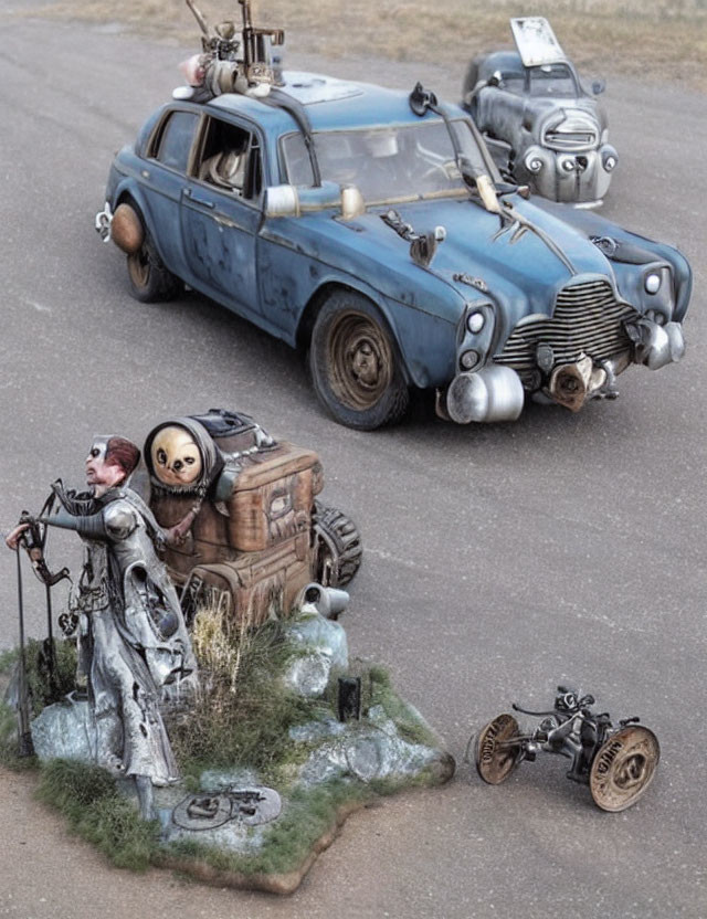 Post-apocalyptic diorama with rusted blue car, robotic figure, skull-masked character, and