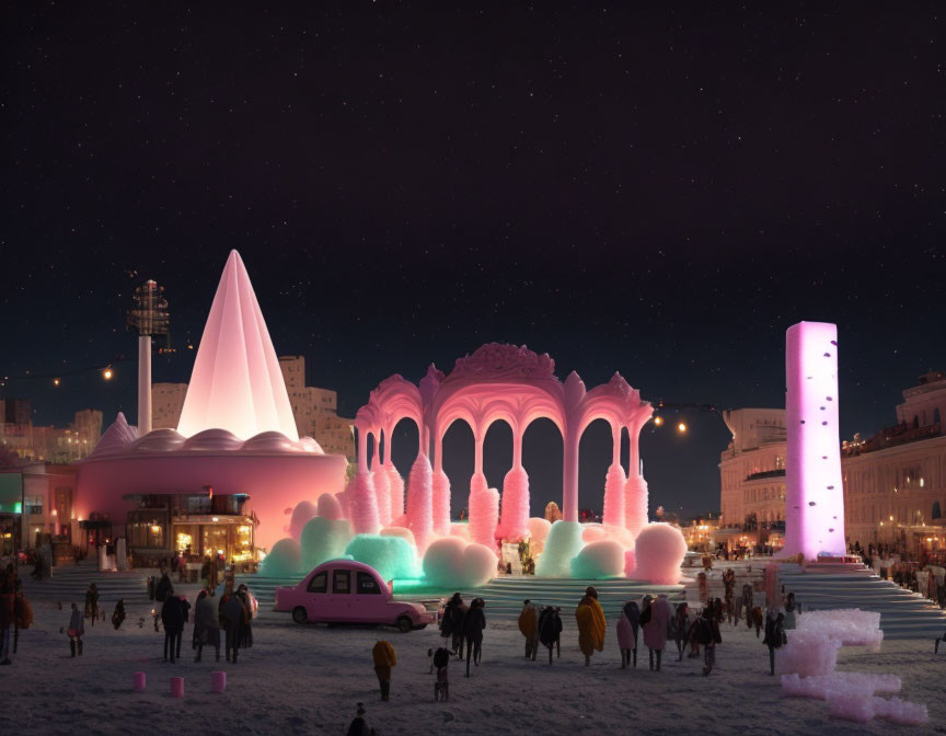 Vibrant pink and purple illuminated ice structures at night with a crowd under a starry sky