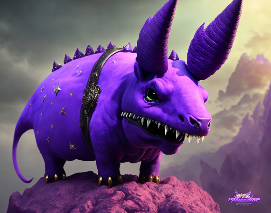 Vivid purple creature with horns on rocky outcrop under cloudy sky