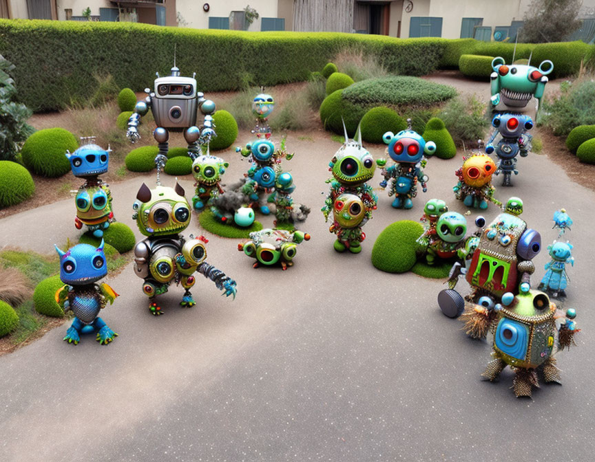 Whimsical colorful robot characters in a garden setting