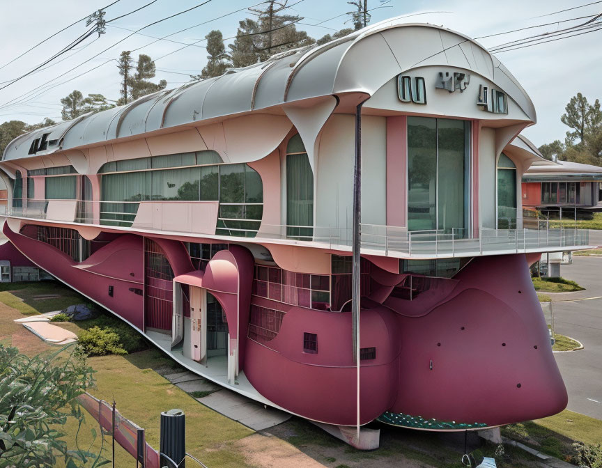 Pink shoe-shaped building with large windows and whimsical design among trees and clear skies
