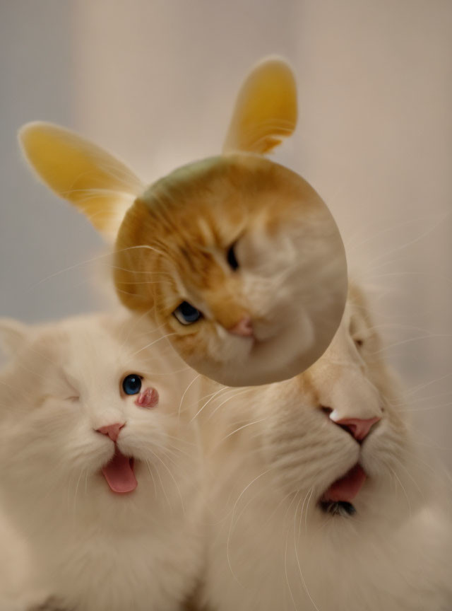 Three cats with magnifying glass focusing on one, two cats yawning in soft background.