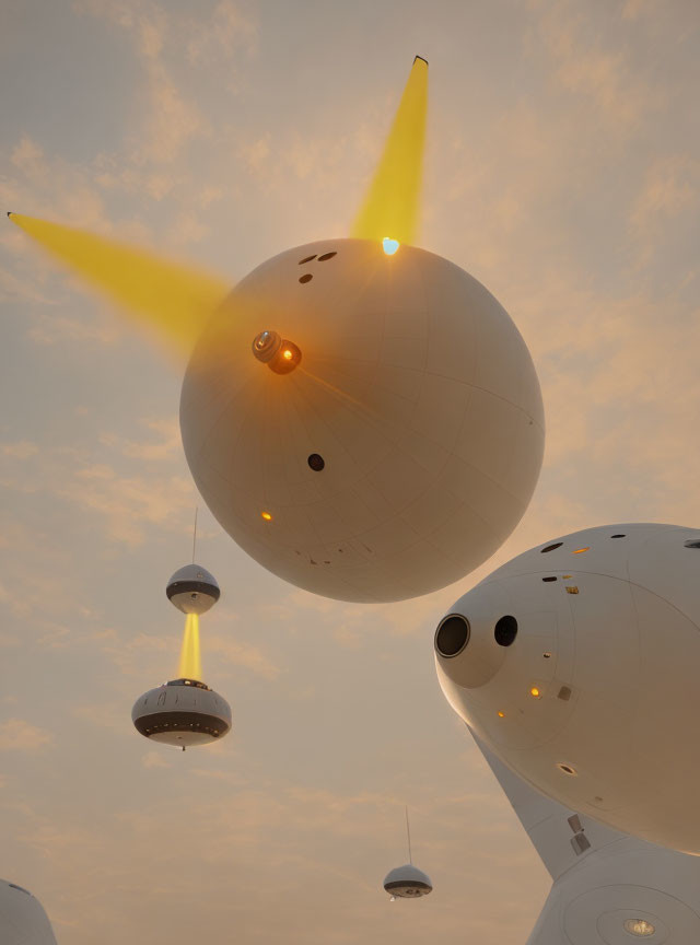 Glowing balloon-like structures with antenna and portholes under hazy sky