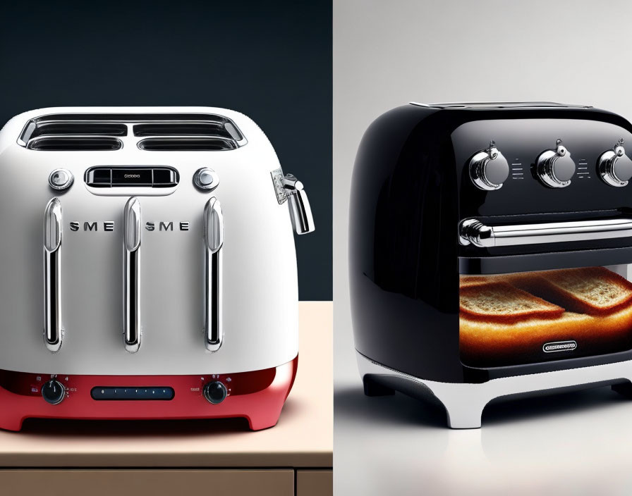 Modern black and white toasters with 2 and 4 slots, sleek design and dials