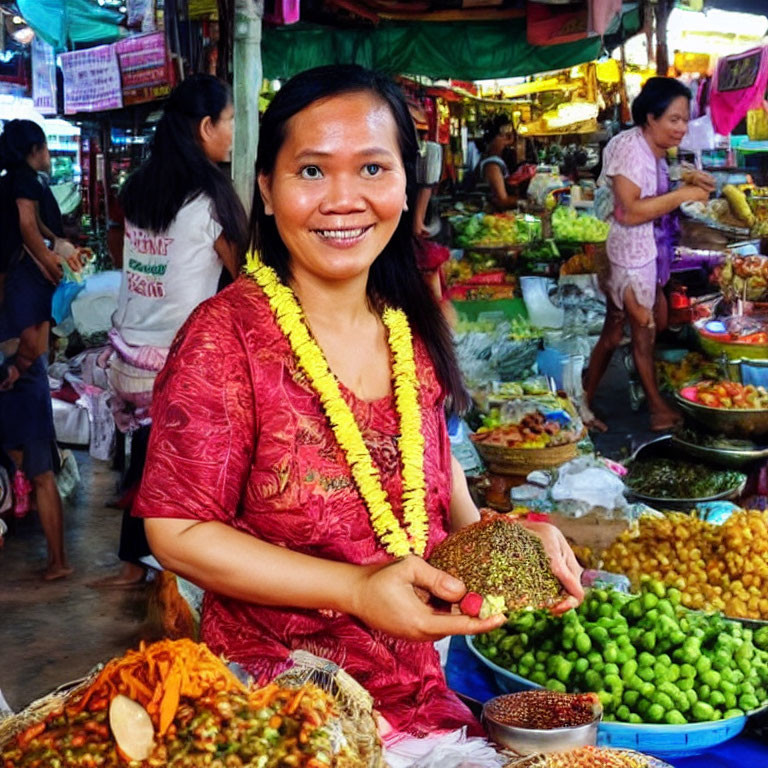 Smiling woman with durian fruit at colorful market