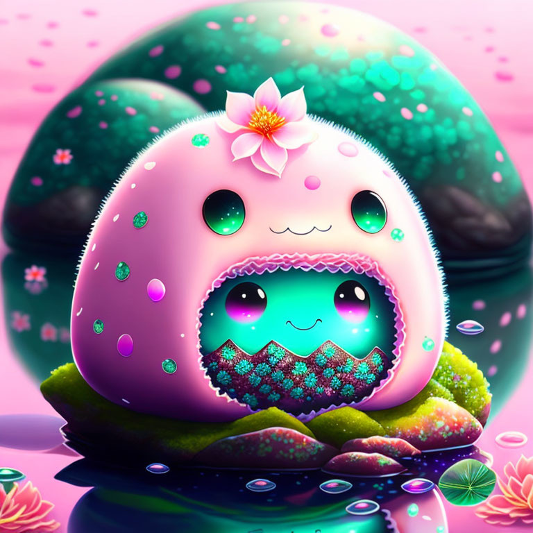 Colorful animated creature with pink shell and turquoise body among eggs and water lilies