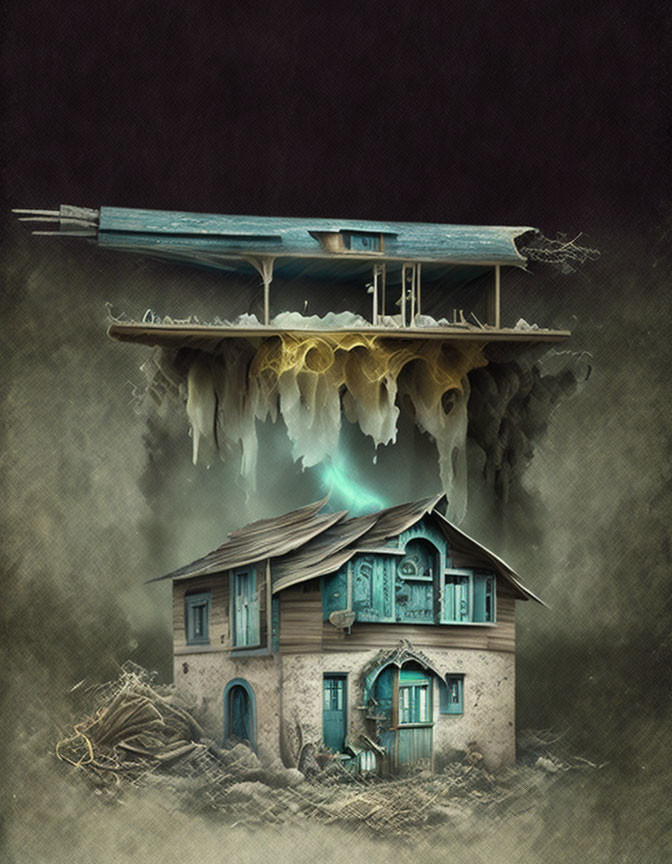 Upside-Down Floating House in Dark Atmosphere