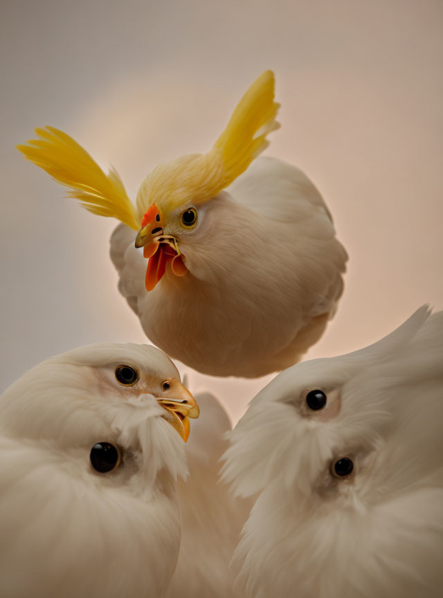 Three White Birds with Cockatoo-Like Crest Feathers and Yellow Beak