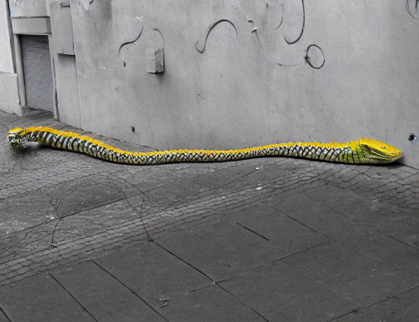 Vibrant realistic snake sculpture against abstract metal wall art