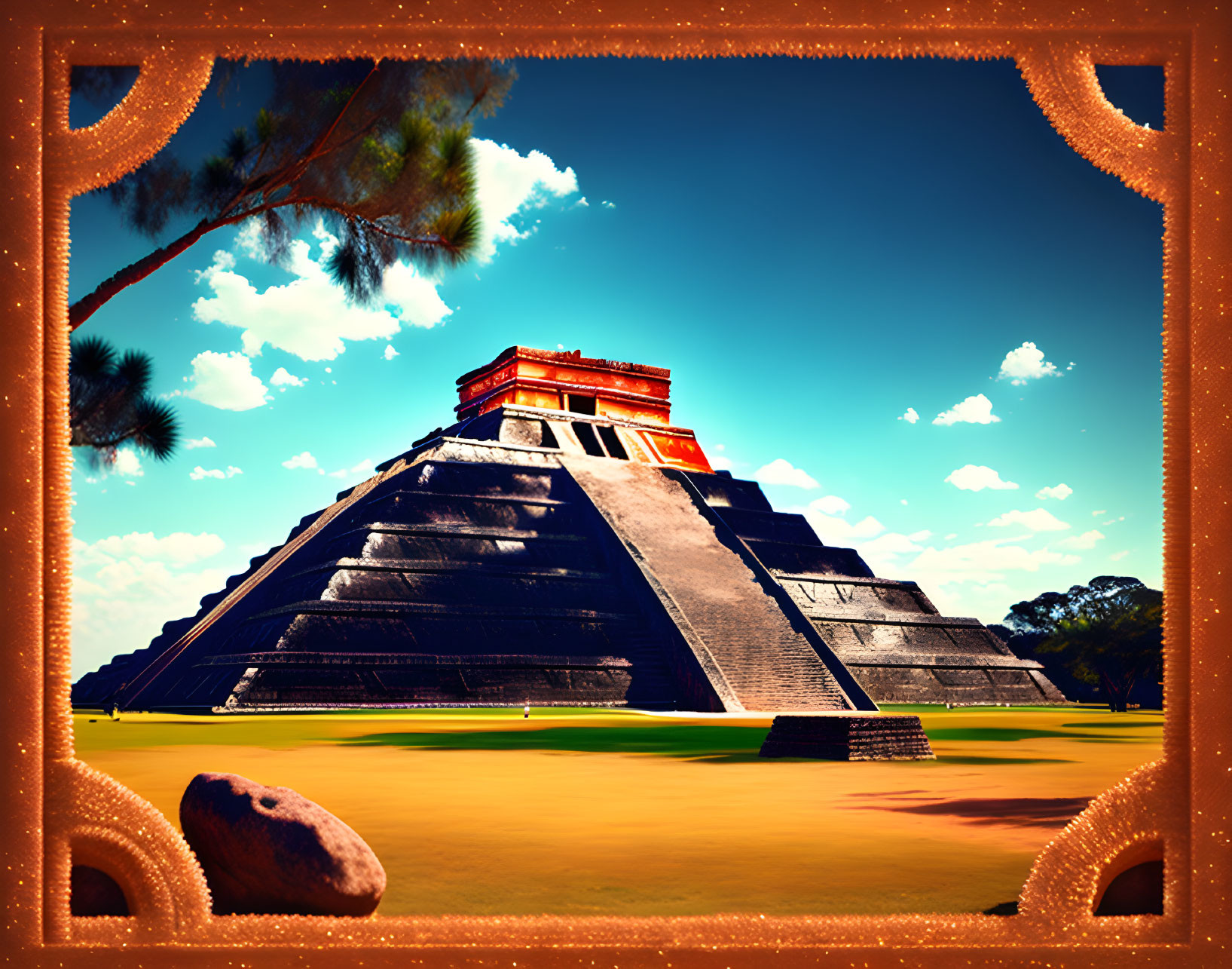 Mesoamerican pyramid with red top under clear blue sky and ornate border