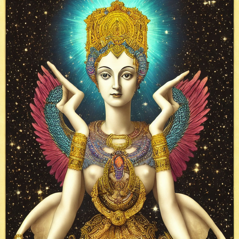 Mystical being with golden crown, multiple arms, and bird-like wings on radiant backdrop