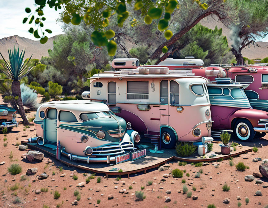 Classic Cars and Trailers in Desert Landscape with Cacti and Green Canopy