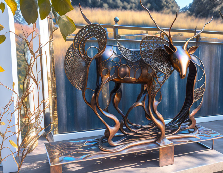 Intricate Metal Stag Sculpture with Cut-Out Patterns on Balcony