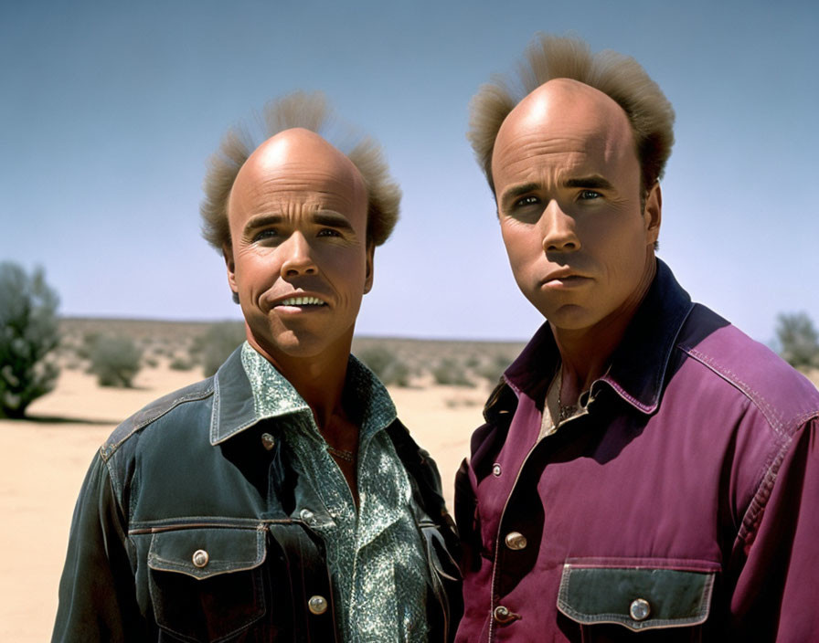 Men with large foreheads and unique hairstyles in desert setting wearing colorful shirts