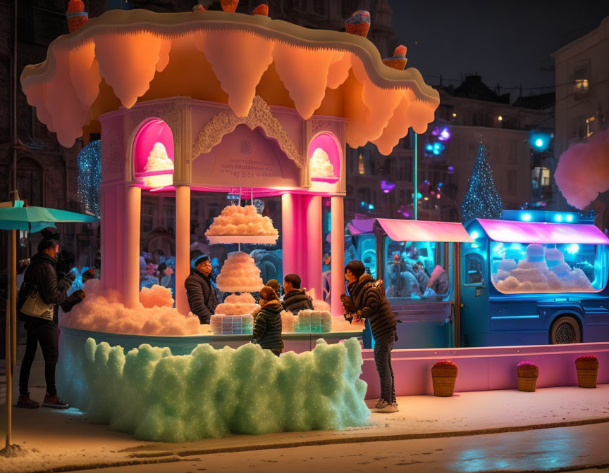 Nighttime dessert-themed outdoor stall in snowy setting with decorative trees and people gathered.