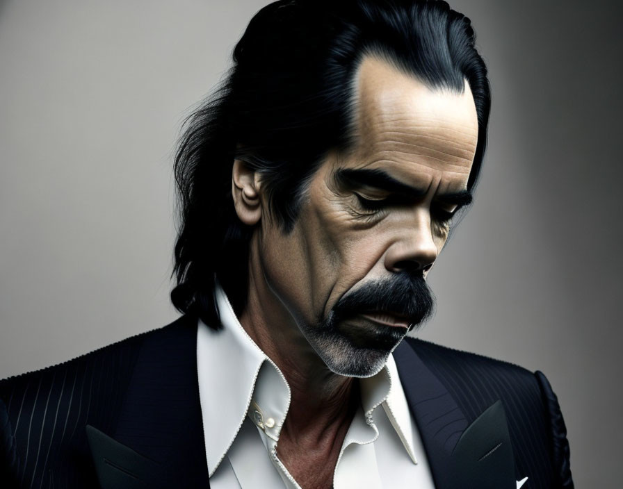 Digital artwork: Man with dark beard and mustache in black suit on grey background