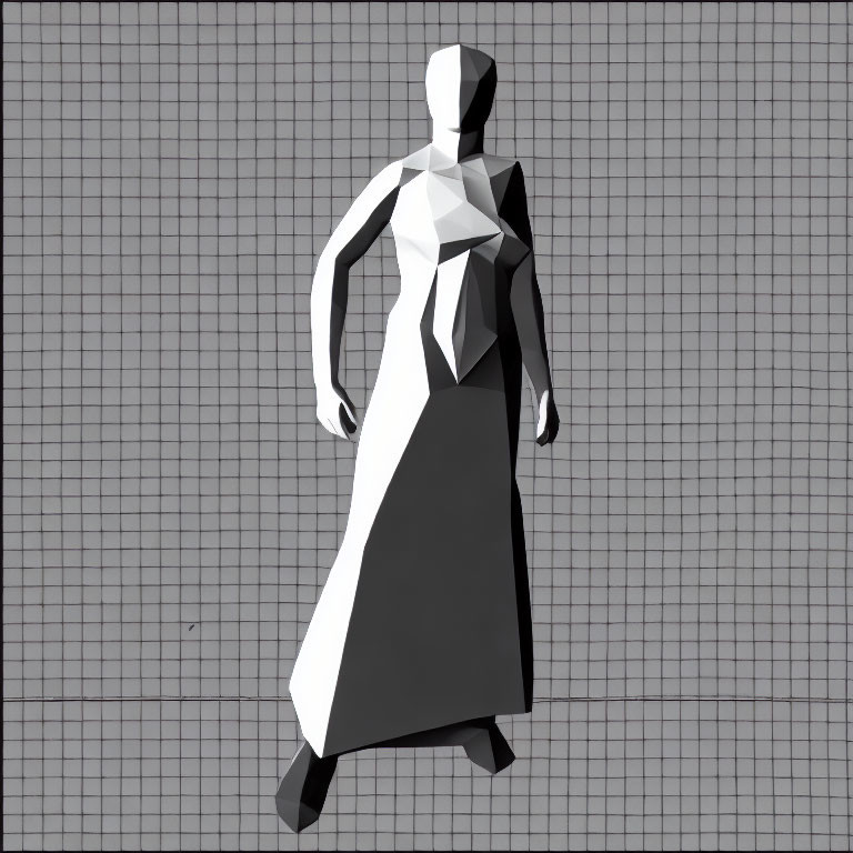 Monochrome low-poly digital art: figure in flowing garment on checkered floor
