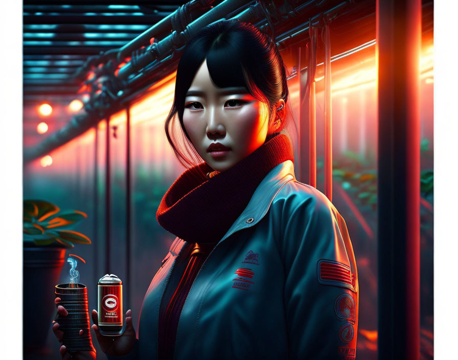 Stylish woman in neon-lit corridor with drink can and intense gaze