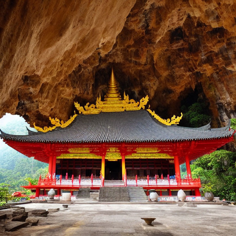 Red Temple with Golden Accents in Natural Cave Amid Lush Greenery