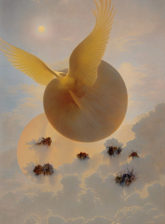Golden bird flying above clouds and floating islands under glowing sun
