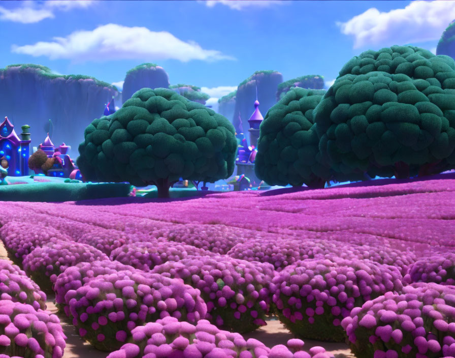 Colorful animated landscape with purple flora and green trees under a bright blue sky