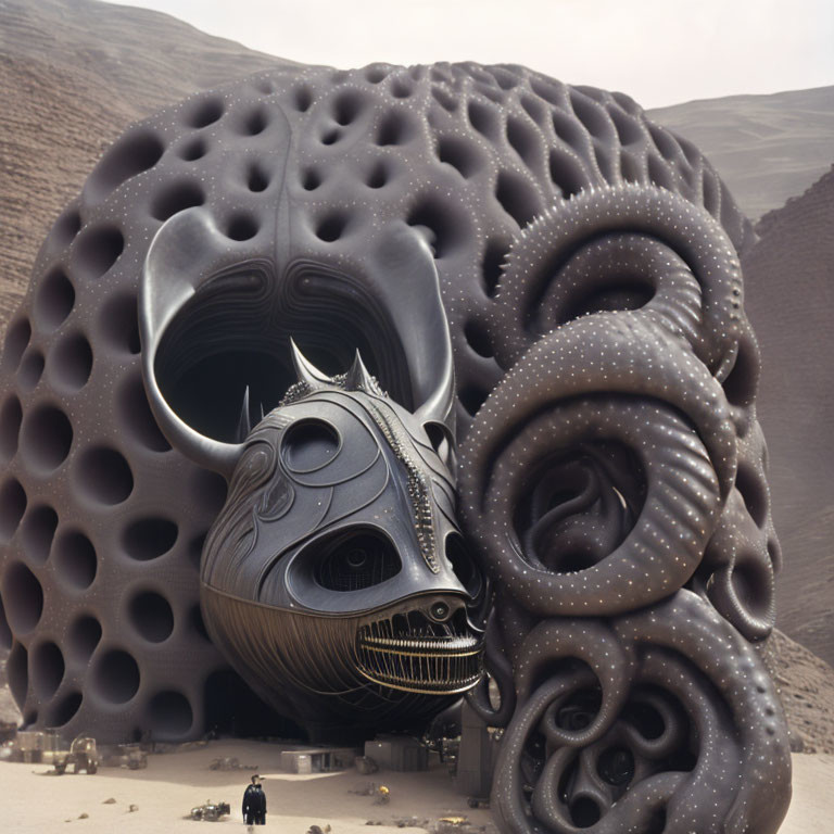 Gigantic ornate alien skull in surreal desert landscape with human figure
