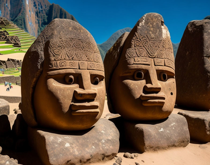Ancient stone carved heads at Machu Picchu
