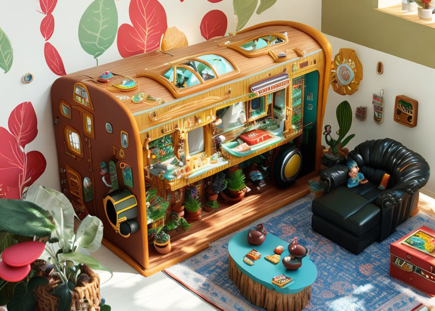 Vibrant illustration of whimsical vintage radio room