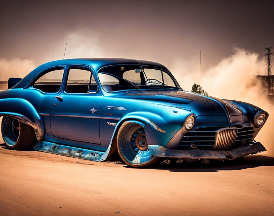Vintage Blue Car with Lowered Suspension Kicking Up Dust on Sandy Terrain