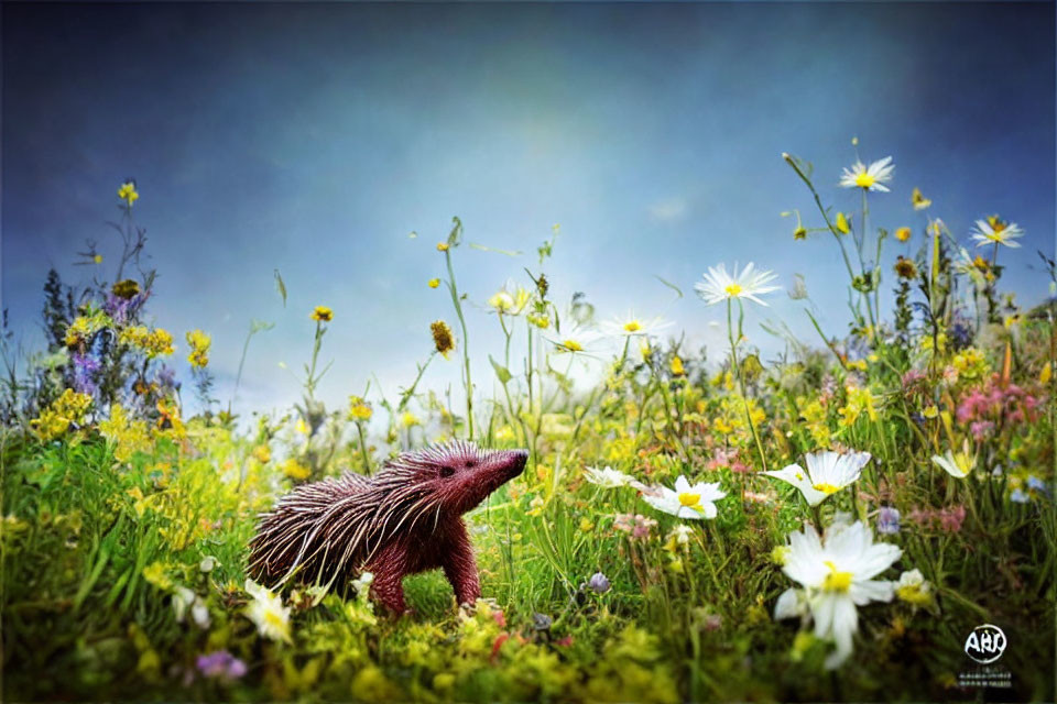 an echidna surrounded by wildflowers in a meadow