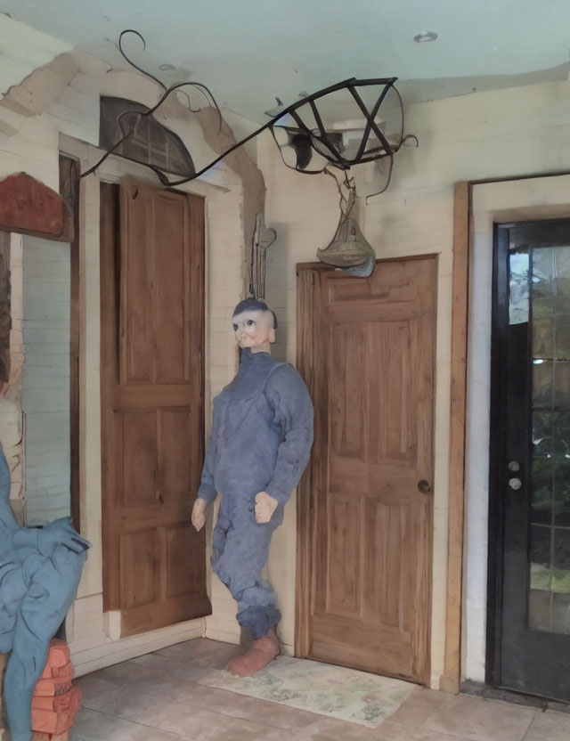Person in Blue Coverall in Room with Wooden Doors and Lamp