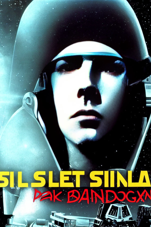 Space-themed poster featuring person in helmet with spacecraft reflections and stylized text.