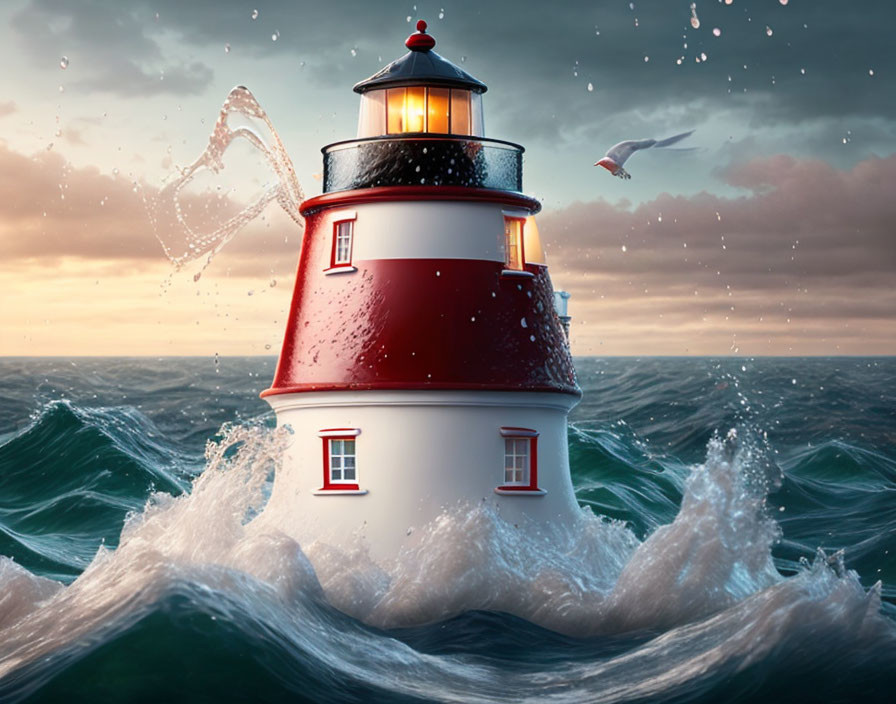 sentient lighthouse character merrily splashing