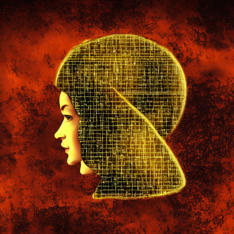 Woman's profile merged with digital grid on fiery background symbolizing human-technology blend